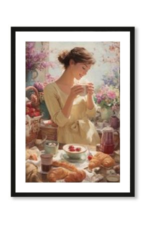 warm embrace of springtime unfolds before mother her heart overflowing with gratitude as she savors delightful breakfast and lunch steaming cappuccino and fresh croissants adorned with plump strawberr
