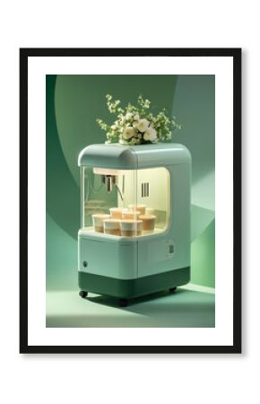 A green machine with a flower in a vase on top