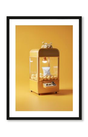 A yellow vending machine with a flower on top