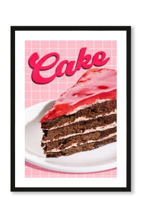 Slice of chocolate cake with bright red glaze and layered cream on clean white plate against pink retro background. Conceptual design. Concept of food, pop art, celebration, creativity, poster, ad