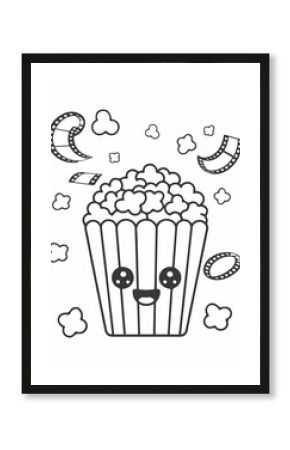 Cute Cartoon Popcorn with Film Reel and Strip Coloring Page