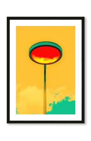 Abstract street lamp against a vibrant sunset sky.  A bright red circular light fixture sits atop a metallic pole, 