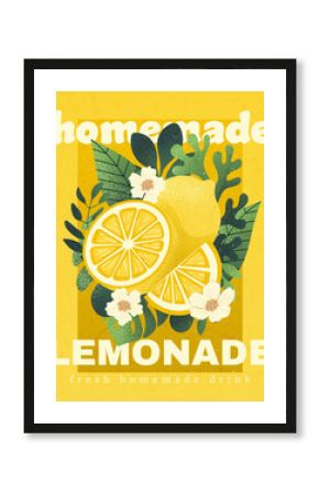 Retro vintage Lemonade Poster print with Fresh Lemons, Floral Accents and Bold Typography Vintage Summer Fruit Drink Wall Art for Kitchen or Cafe, wall decoration, colorful raster design with leaves
