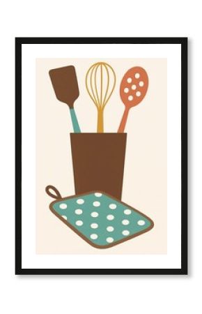 Flat-vector retro kitchen still-life: tall cocoa-brown utensil caddy holding spatula, wire whisk, slotted spoon