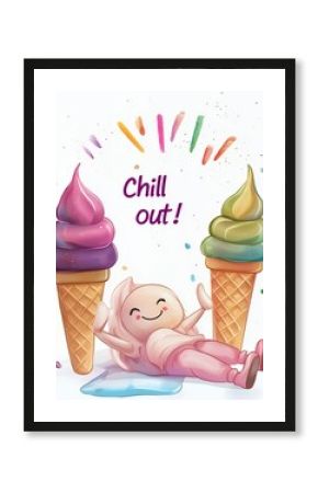 A cartoon of a person laying on an ice cream cone with the words Chill Out written above them