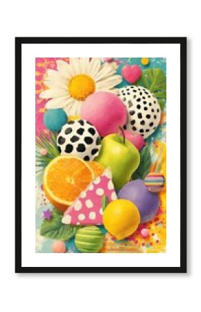 Whimsical promo banner as pop art collage of playful patterns and retro shapes bursting in vibrant colors