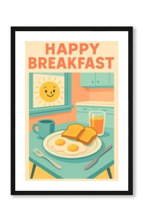Retro 1950s Breakfast Poster with Eggs, Toast, Juice and Smiling Sun - Vintage Mid-Century Kitchen Art