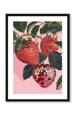 Two stylized strawberries with a glossy, disco-ball-like appearance are surrounded by lush green leaves, set against a soft pink background, reminiscent of retro poster art.