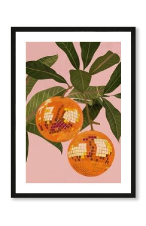 Two disco ball oranges, adorned with colorful mosaics, hang from a branch against a soft pink background, evoking retro poster art.