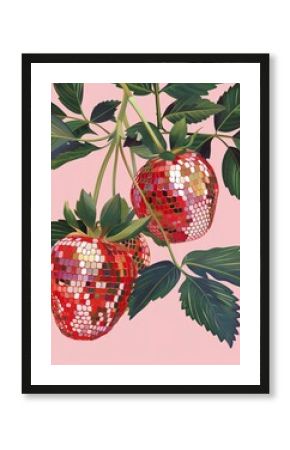 Two red strawberries with disco ball patterns adorn a green leaf on a pink background, evoking retro poster art.