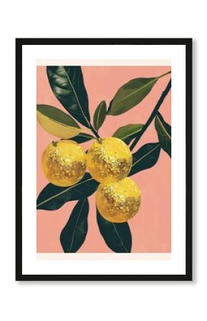 Three lemons with glittering textures overlap on a soft pink background, surrounded by lush green leaves, evoking retro poster art.