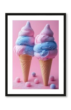 Pink and blue ice cream scoops in waffle cones on pink background. Summer dessert and sweet treat concept. Image for confectionery menu. Banner with copy space