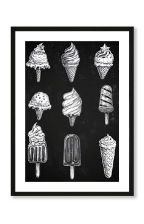 Vintage black and white ice cream illustrations, chalk art design for cafe menu or poster