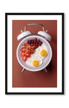 Breakfast of fried eggs with bacon or sausage and vegetables. ? plate on a vintage alarm clock