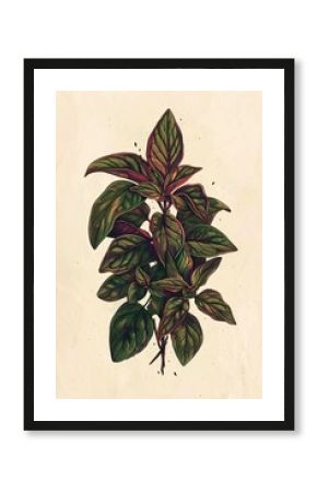 Basil plant illustration in vintage style for kitchen poster concept. Botanical culinary herb visual on textured distressed paper background for food and cooking theme decor.