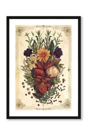 Botanical illustration of culinary spices and herbs including flowers in a vintage style with art deco border element design for kitchen wall poster home decor or cooking recipes.