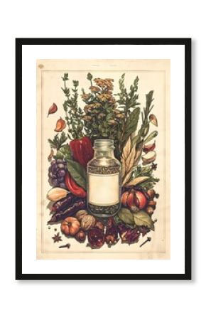 Vintage illustration of a spice jar with assorted cooking ingredients, herbs, and spices for rustic kitchen wall art poster or food blog design.