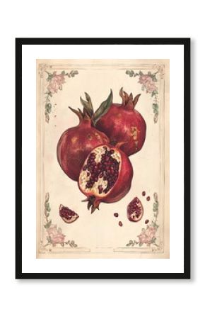 Vintage botanical illustration showing pomegranate fruit. Fruit art for natural food and healthy eating concept. Kitchen poster or print home decoration.
