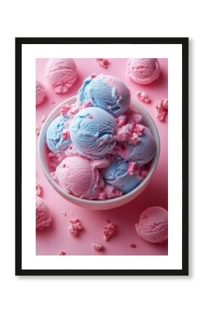 Pink and blue ice cream scoops with colorful sprinkles in white ceramic bowl on pink background. Summer dessert and sweet treat concept. Image for confectionery menu. Banner with copy space
