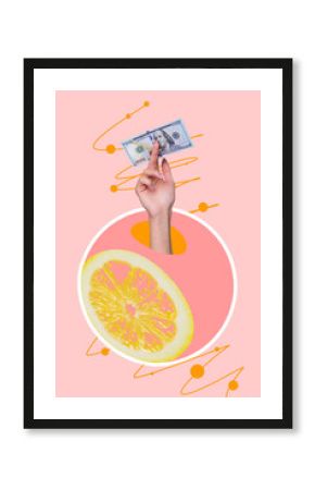 Image vertical 3d collage poster of hand peek orange slice fruit citrus detox nutrition healthy lifestyle soda beverage summer