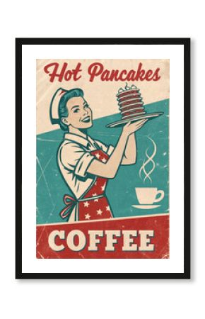 Hot Pancakes and Coffee Diner Vintage Poster. menu for restaurant