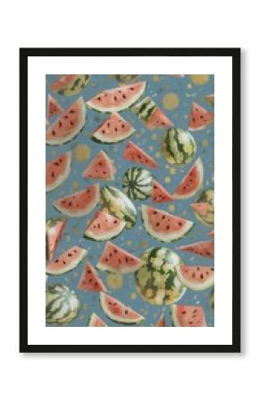 Vibrant Watermelon Summer Pattern Juicy Slices and Whole Melons on a Blue Background