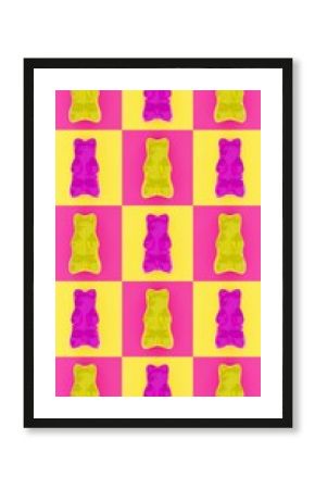 Summer 3D vertical gummy bear render image pink yellow checkers pop funky textured vintage retro vibe mockup copy space candy sweet juicy advertisement sugar kids doodle cartoon poster background