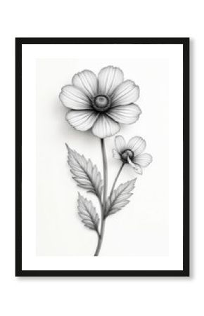 Black, white illustration of flowers, leaves. Floral design perfect for wallpaper, card, textile patterns. Botanical art features spring, summer, vintage, retro themes. For decoration, artistic