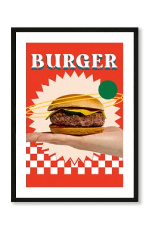 Contemporary art collage. Hand holding big juicy American burger with against bright red textured background with bold title. Concept of street food, menu, eating gesture.