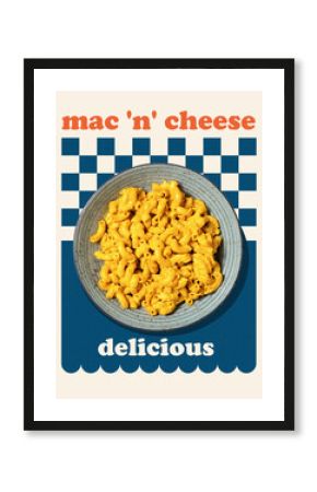 Contemporary art collage. Bowl of bright yellow macaroni and cheese on textured ceramic plate with retro block text and checkered layout. Concept of mac and cheese, comfort food, snack, street eat.