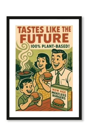 Retro Vegan Burger Ad 1950s Style Happy Family BBQ Plant Based Food Vintage Poster Mid Century Meatless Grilling Halftone Illustration Vegetarian Lifestyle Concept Art