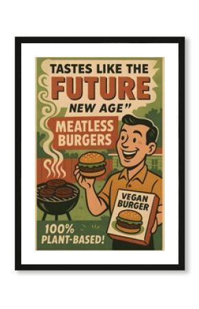 Retro Vegan Burger Ad with Happy Man at BBQ 1950s Style Plant Based Meat Poster