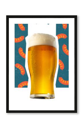 Creative digital artwork of frosty pint of light beer with white foam surrounded by sausages on dark blue retro pixel art background. Concept of folk, Oktoberfest, restaurant, pub event flyer