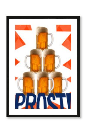 Bold creative poster. Tower of frothy Oktoberfest beer mugs with bold text in blue over white and orange festive background in pixelated retro folk aesthetic