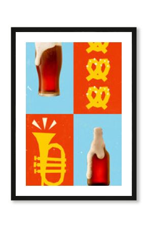 Creative bold poster for ad. Traditional Oktoberfest poster with dark beer, mustard-yellow pretzels, retro trumpet, and foamy bottle on folk pixel background. Inspired by folk art aesthetics.