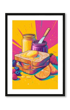 Pop-art inspired poster of toast, butter knife, jam jar and fruit slices with thick outlines and soft gradients.
