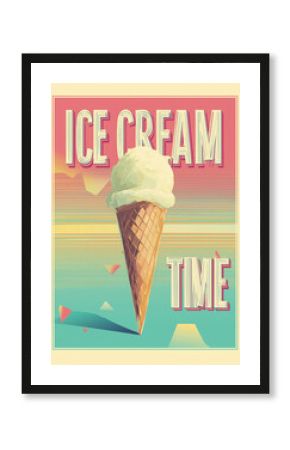 Retro summer poster with typography 'Ice Cream Time', illustrated cone and bright pastel background.