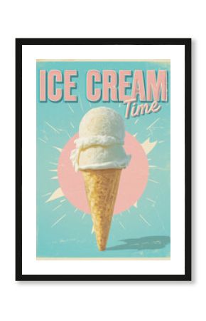 Retro summer poster with typography 'Ice Cream Time', illustrated cone and bright pastel background.