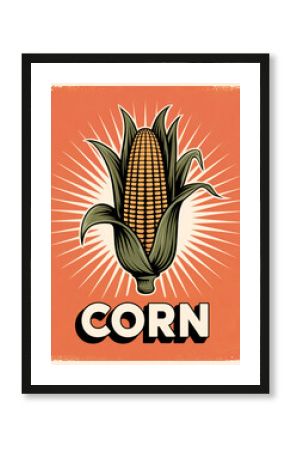 Vintage style illustration of a ripe corn cob with sunburst background