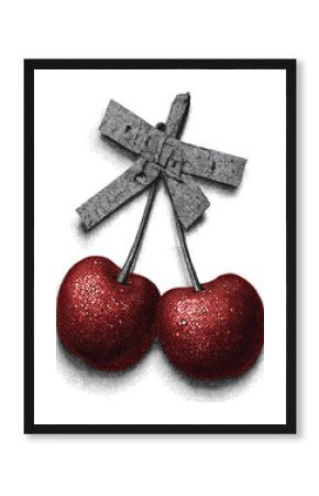 Vintage Cherry With Bow. Retro Fruit For Nostalgic Aesthetic Illustration Isolated On Transparent Background