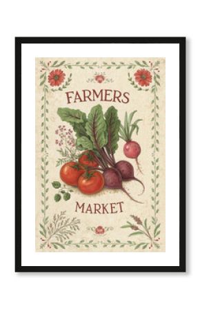 Vintage Botanical Farmers Market Poster with Fresh Vegetables