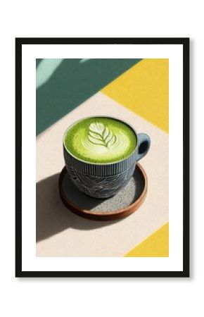 Modern style matcha latte on a saucer, retro color background for a cool poster