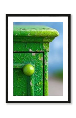 Closeup of Peeling Green Paint on Old Metal Mailbox