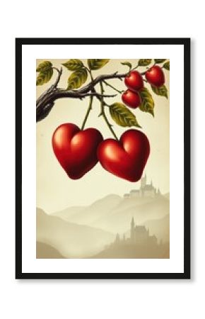  Whimsical Heart-Shaped Cherries on Branch Love, Romance & Nature with Dreamy Landscape Background for Valentine's Day.