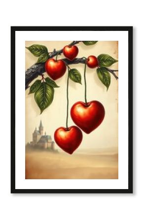  Whimsical Heart-Shaped Cherries on Branch Love, Romance & Nature with Dreamy Landscape Background for Valentine's Day.