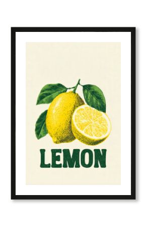 Retro Lemon Fruit Illustration with Leaves and Bold Typography