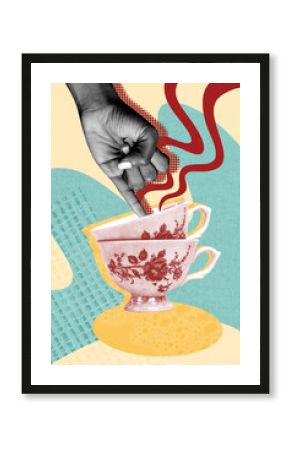 Trend composite sketch template photo collage of break hot tea rest enjoy hand symbol body language finger touch two retro style decor cup