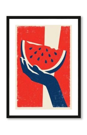 Watermelon Slice In Hand Retro Poster. Summer Fruit Decor. Ideal Design for Banner, Social Media, Wallpaper, Brochure, Cover or Flyer