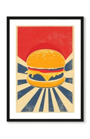 Cheeseburger Pop Art Poster. Retro Fast Food Illustration With Colors. Ideal Design for Banner, Social Media, Wallpaper, Brochure, Cover or Flyer