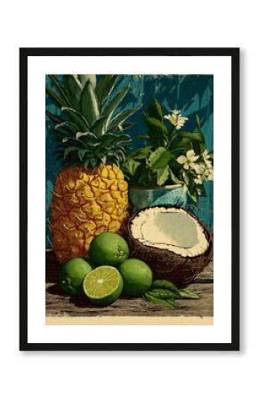 A retro-style still life illustration of tropical fruits, featuring a fresh pineapple, coconut, and limes on a rustic wooden surface.